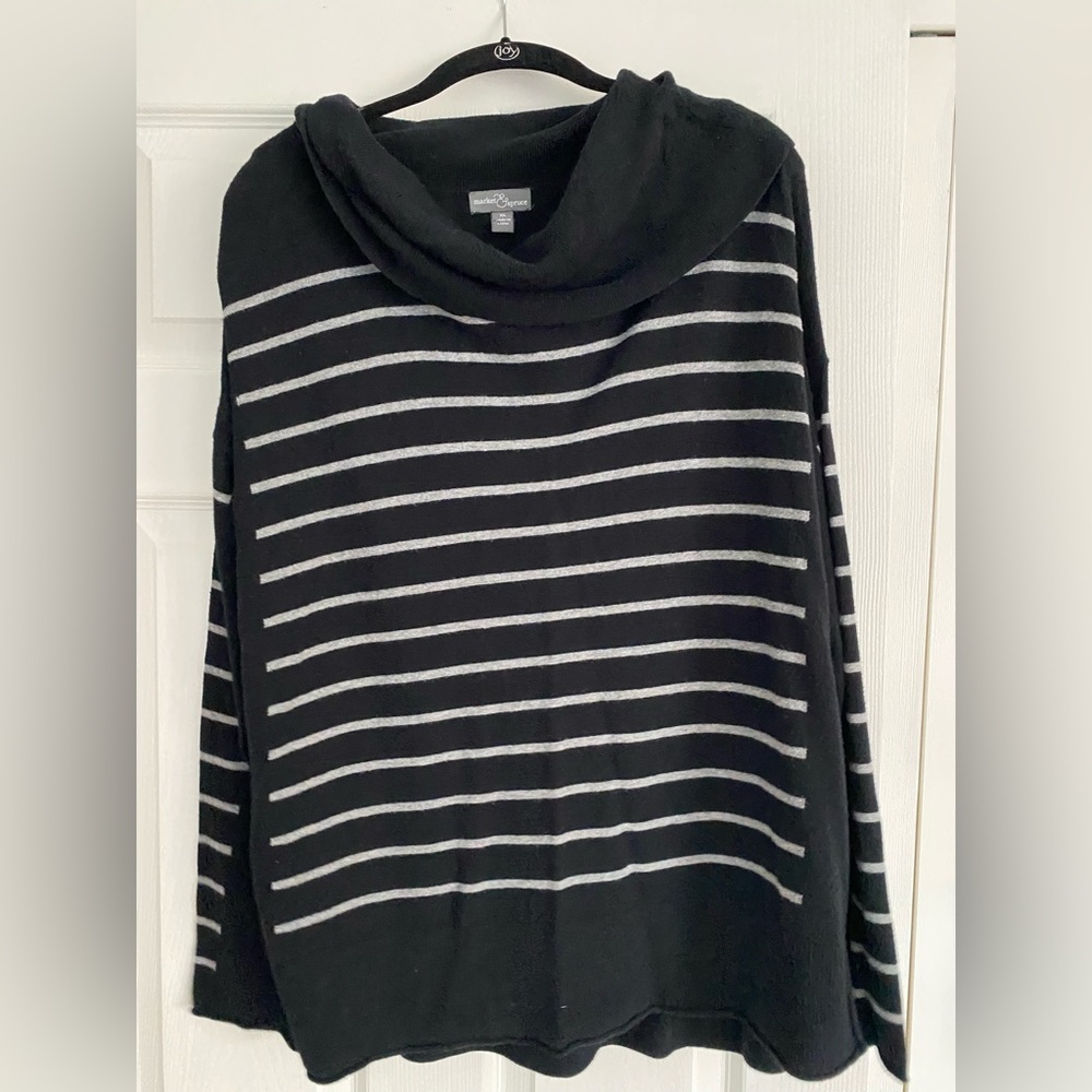 Ladies market in Spruce cowl neck, sweater, black long sleeve with white stripes